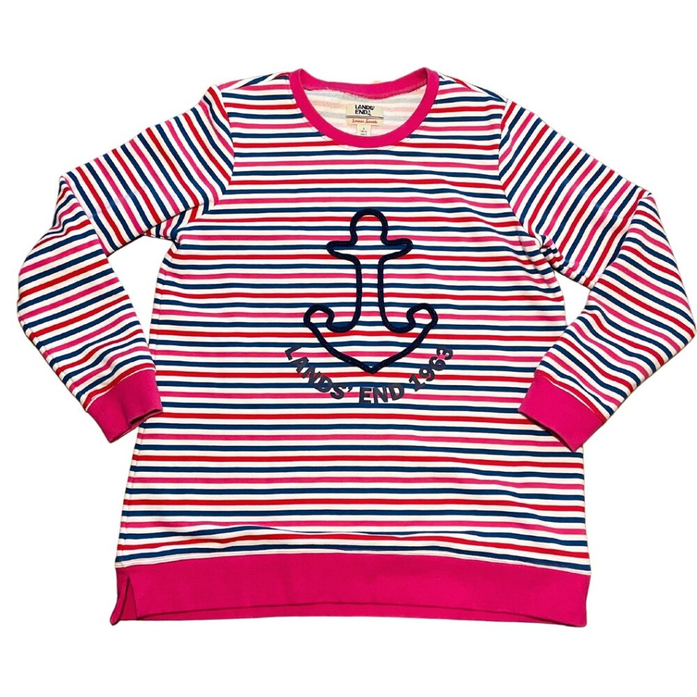 Lands' End Serious Sweats Striped Anchor Sweatshirt Women's Large